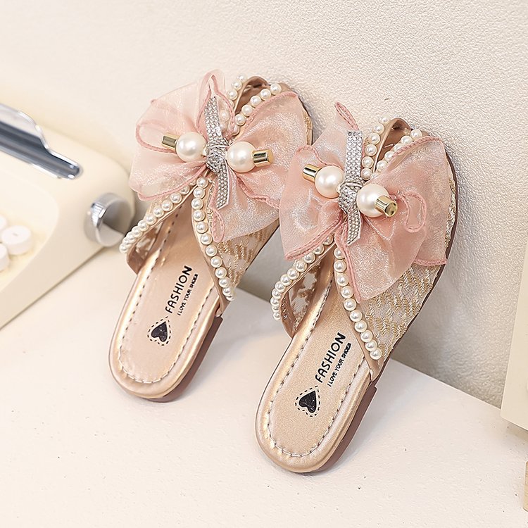 Girls' Children's Slippers Summer Style Fish Mouth Outdoor Half Drag Sandals Fashionable Middle-aged Children's Bow One Line Cool Drag