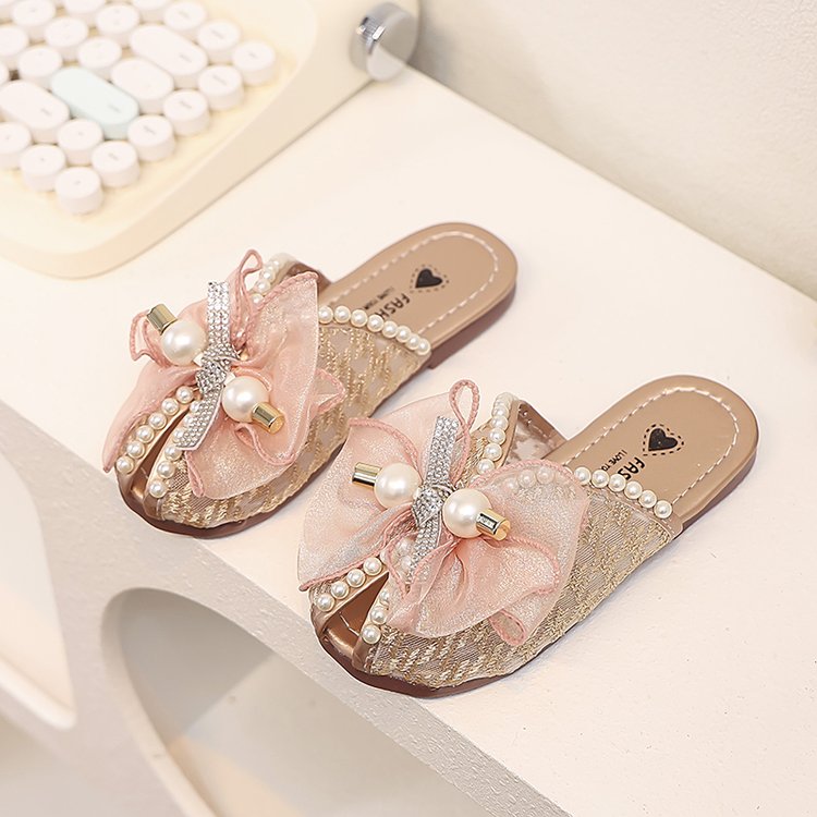 Girls' Children's Slippers Summer Style Fish Mouth Outdoor Half Drag Sandals Fashionable Middle-aged Children's Bow One Line Cool Drag