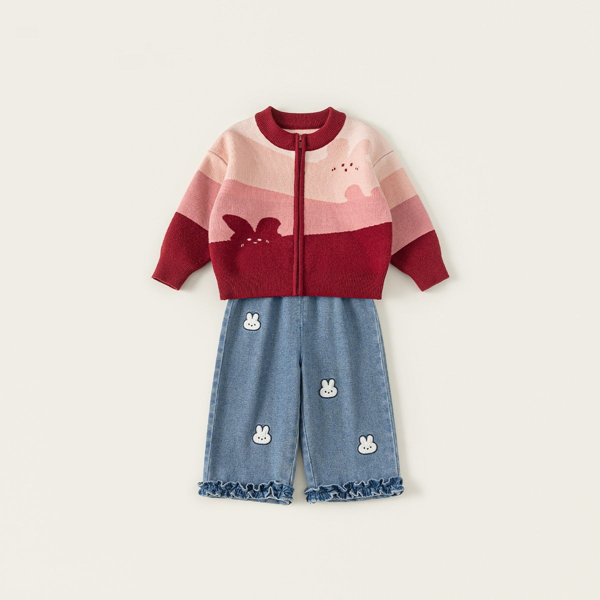 Cartoon Girls Sweater Jeans Set Acrylic Knitted