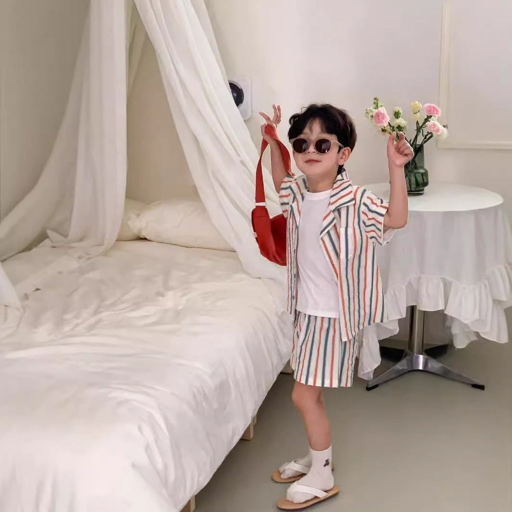 Striped Vest Dress And Short-sleeve Shorts Set