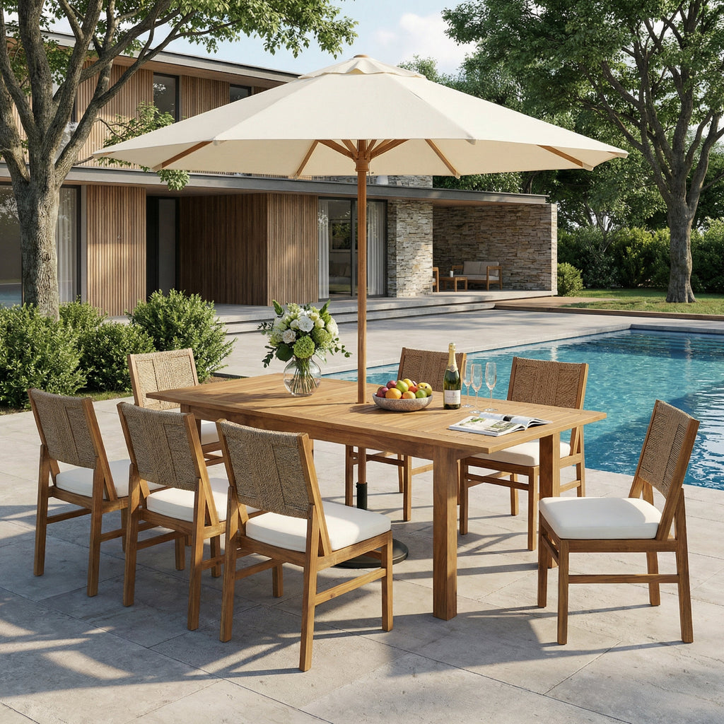 7-Piece Outdoor Acacia Wood Dining Set with Rope-Woven Armchairs - Cream, Teak