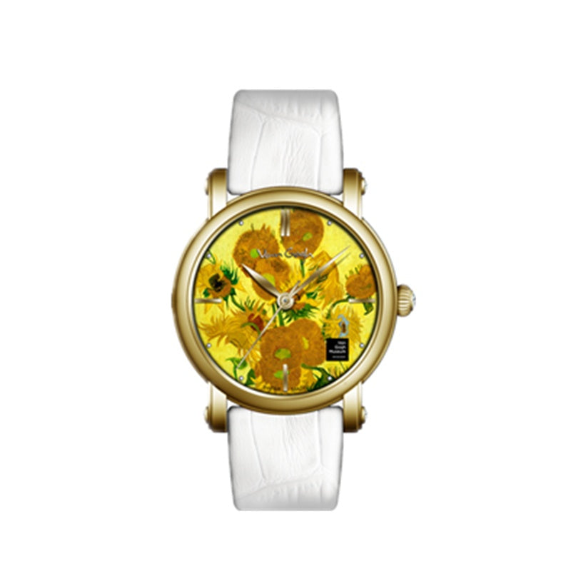 Van Gogh Women's Quartz Watch 3D Printed Oil Painting Dial Steel Strap Sunflowers