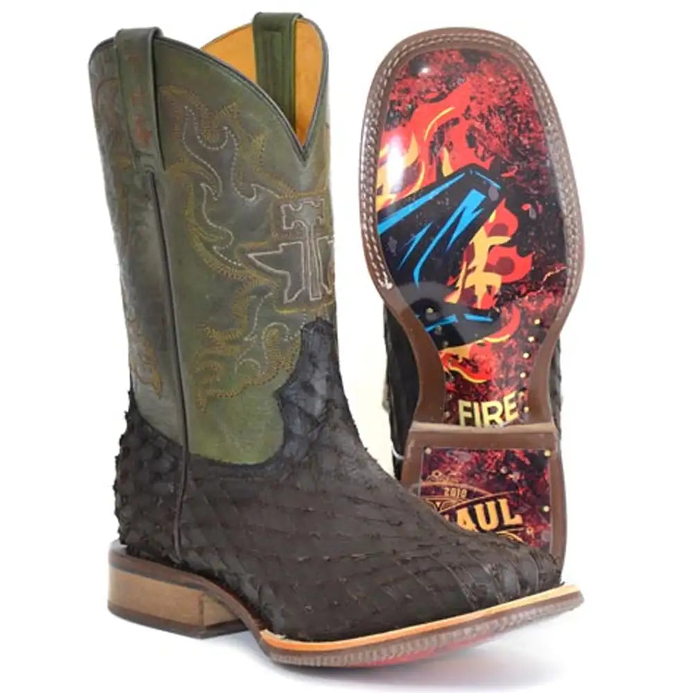Tin Haul Ruff & Tumble Anvil on Fire ( Olive / Dark Brown ) - Mens Leather Cowboy Boot