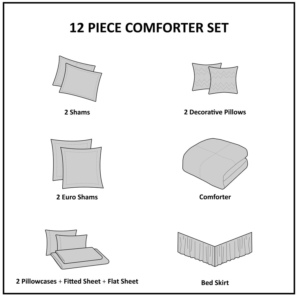12 Piece Jacquard Comforter Set with Bed Sheets - Khaki Cal King