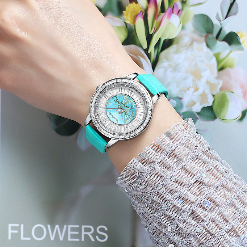Van Gogh Women's Quartz Watch 3D Printed Oil Painting Dial Full Zirconium Leather Strap Series