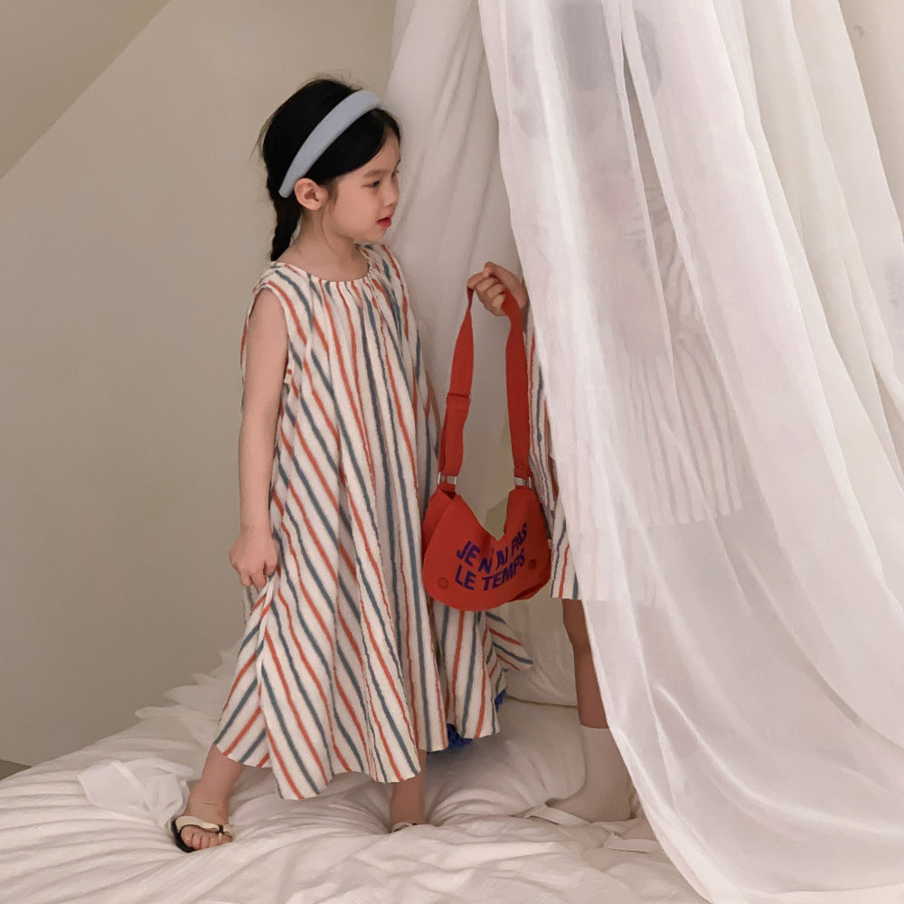 Striped Vest Dress And Short-sleeve Shorts Set