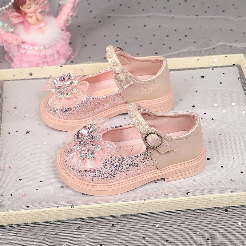 2026 Spring & Autumn New Girls Light-Up Princess Leather Shoes, Elsa Crystal Soft Sole Flat Shoes, Little Girls Pearl Decor Single Shoes