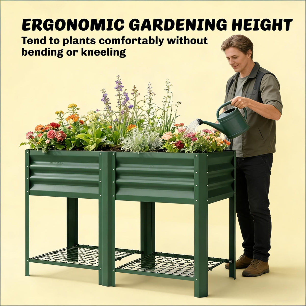 Outdoor Elevated Planter Box with Storage Shelf - Green