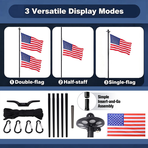 20FT Heavy Duty Flagpole Kit with LED Solar Light