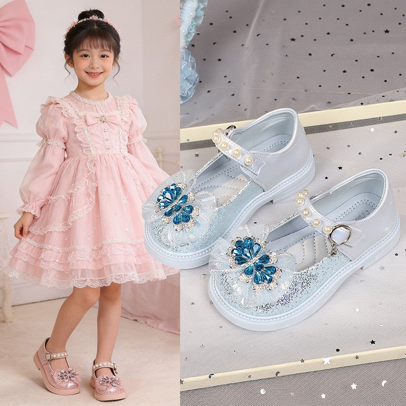 2026 Spring & Autumn New Girls Light-Up Princess Leather Shoes, Elsa Crystal Soft Sole Flat Shoes, Little Girls Pearl Decor Single Shoes