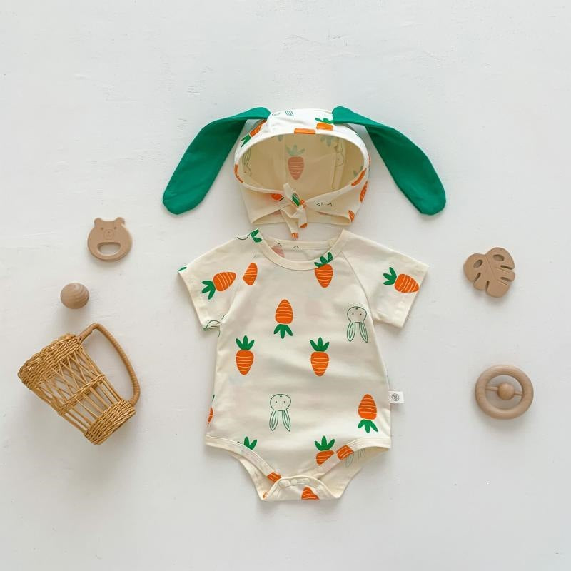 Baby Girl Bunny Short Sleeve Thin Hooded Triangle Romper Onesie Spring Clothes
