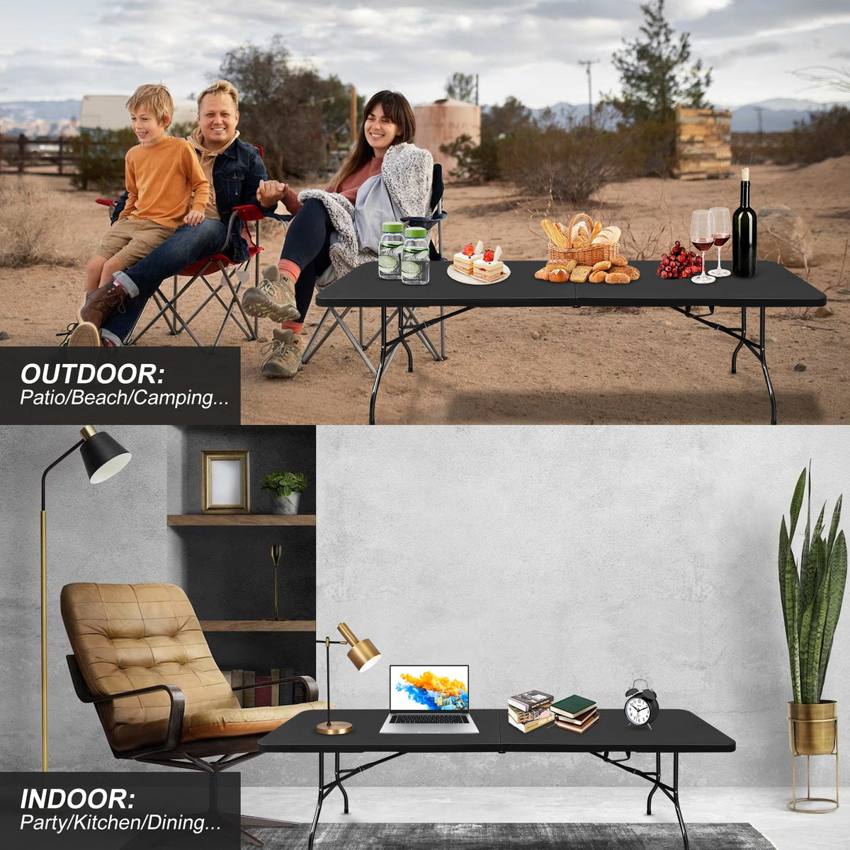 8ft Folding Table with Iron Frame and Plastic Top - White