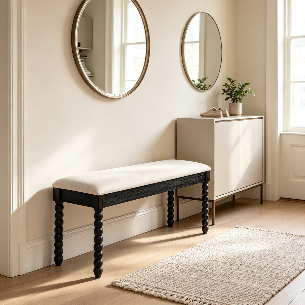 Farmhouse Wooden Storage Bench with Soft Cushion – Turned Spindle Legs