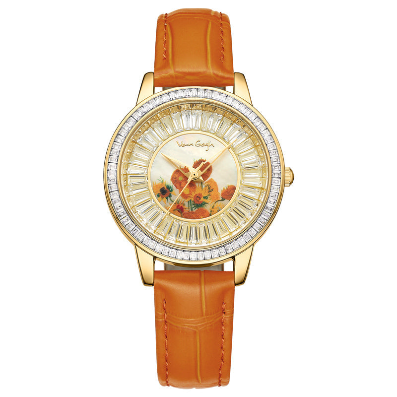 Van Gogh Women's Quartz Watch 3D Printed Oil Painting Dial Full Zirconium Leather Strap Series