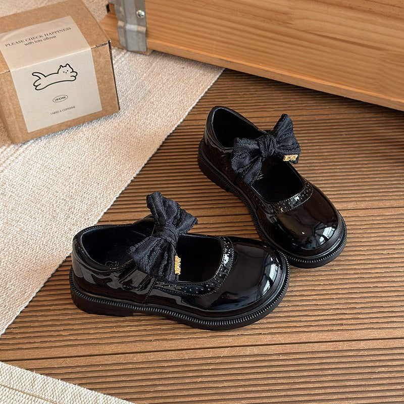 2026 Spring New Kids Leather Shoes, Stylish Black Bow Princess Mary Jane Flat Shoes For Girls