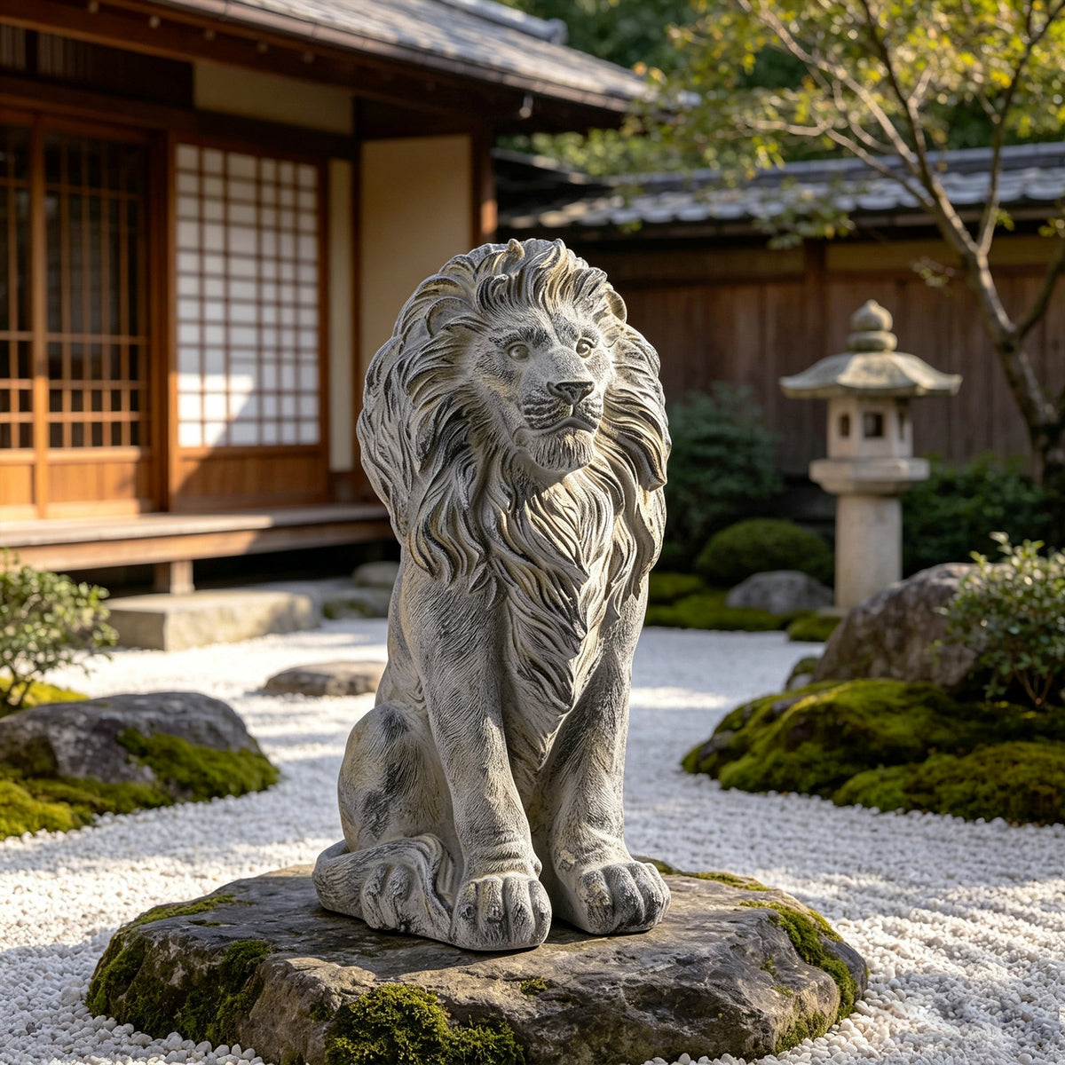Outdoor Lion Statue with Antique Finish - Stone White