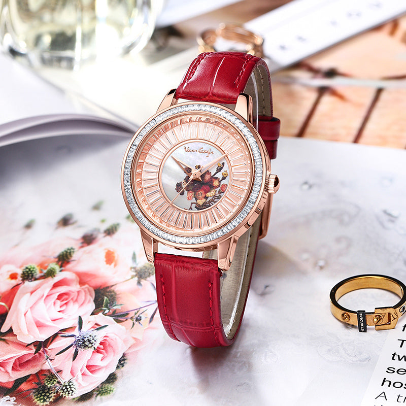 Van Gogh Women's Quartz Watch 3D Printed Oil Painting Dial Full Zirconium Leather Strap Series