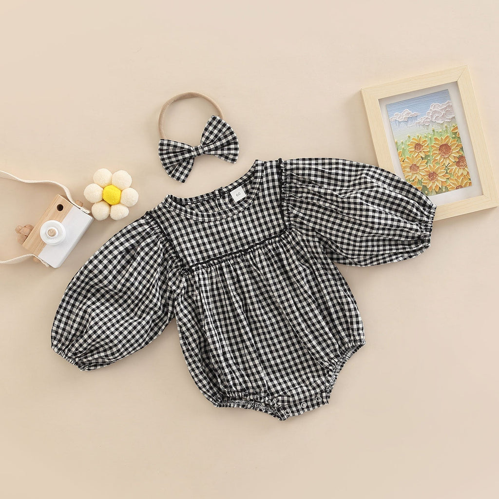 Simple Plaid-Print Long-Sleeve Outfit For Infants And Toddlers