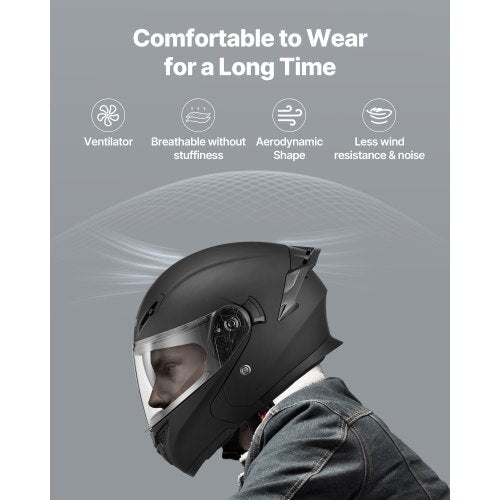 Motorcycle Helmet, Modular, Adult Motocross Dirt Bike Helmet with Large Clear Visor, Comfortable Motorbike Racing Street with Detachable Liner for Men & Women, DOT Approved, (Matte Black, M)