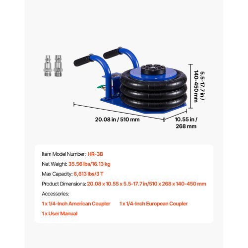 Air Jack, 3 Ton/6613 lbs Triple Bag Air Jack, Airbag with Six Steel Pipes, Lift Up to 17.7 inch/450 mm, 1-6 s Fast Lifting Pneumatic with Short Handles for Car, SUV, Pickup Truck Repair, Garage
