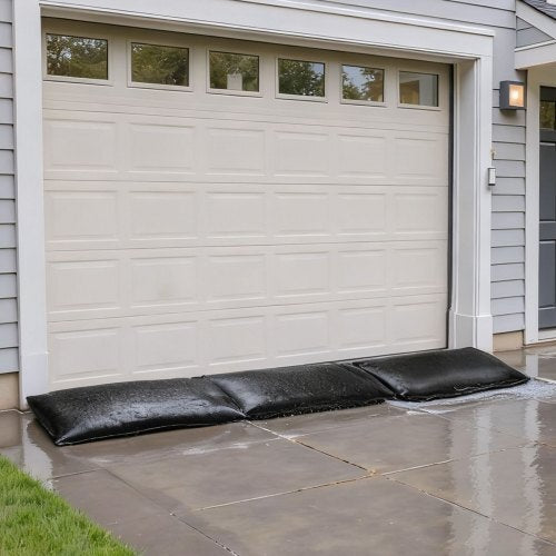 Flood Barrier, 10 Pack, 1.4 x 2.7 ft Flood Bags with Bucket, Water Absorbent Barrier Activated by Water, Sandless Sandbags Blockage, Flooding Prevention Bags for Door, Basement, Garage