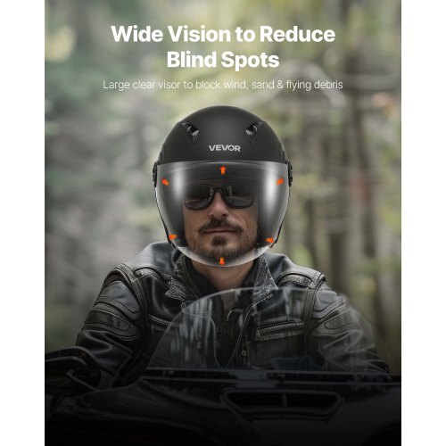 Motorcycle Helmet, 3/4 Open Face, Adult Motocross Dirt Bike Helmet with Clear Visor, Comfortable Motorbike Racing Street with Detachable Liner for Men & Women, DOT Approved, (Matte Black, M)