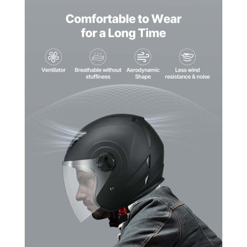 Motorcycle Helmet, 3/4 Open Face, Adult Motocross Dirt Bike Helmet with Clear Visor, Comfortable Motorbike Racing Street with Detachable Liner for Men & Women, DOT Approved, (Matte Black, M)
