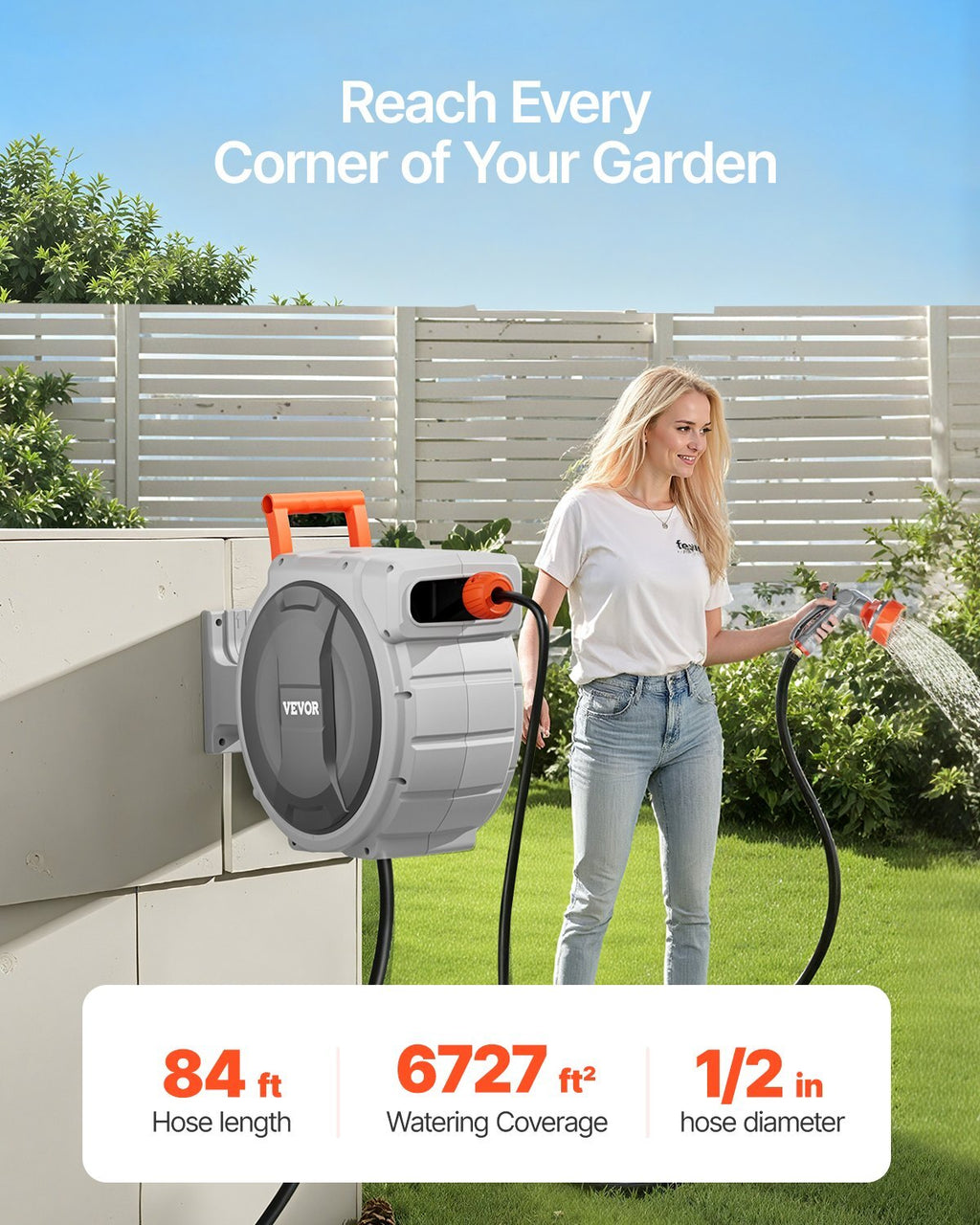 Retractable Garden Hose Reel, 1/2 Inch x 84 ft Wall Mounted Hose Reel, Heavy Duty Garden Hose Reel with 9 Patterns Nozzle, Any Length Lock, Upgraded Slow Return System and 180?Swivel Bracket