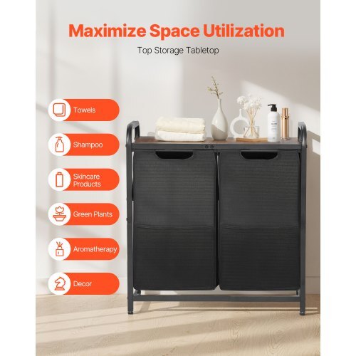 2 Section Laundry Sorter, Large Laundry Hamper with Metal Frame and Wooden Tabletop, Freestanding Storage Organizer Baskets with Pull-Out 600D Oxford Cloth Bags for Dirty Clothes, Bathroom