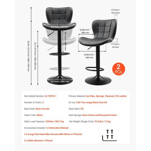 Bar Stool Set of 2, Modern PU Leather Counter Height Stools, Swivel Kitchen Barstool with Back and Footrest, Height Adjustable Armless Bar Chair, Island Barstools for Kitchen, Dining Room, Black