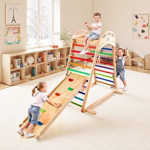 Indoor Playground Jungle Gym, 4-in-1 Wooden Indoor Playground Playset with Climbing Rock, Slide, Wooden Ladder & Gym Rings, Montessori Style Playground Climbing Toys for Boys Girls, 220LBS