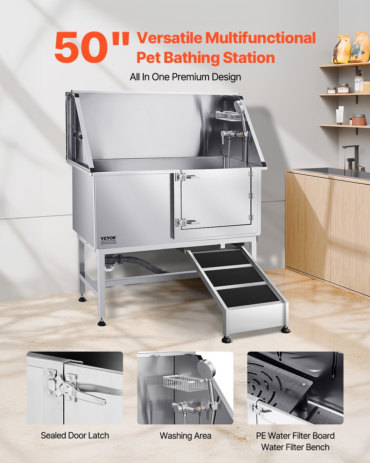 Stainless Steel Dog Washing Station, 50 inch Pet Grooming Tub w/ Ramp, PE Water Filter Board, Faucet & Showerhead & Soap Holder Dog Bathtub for Large & Medium & Small Pets (Right Door)
