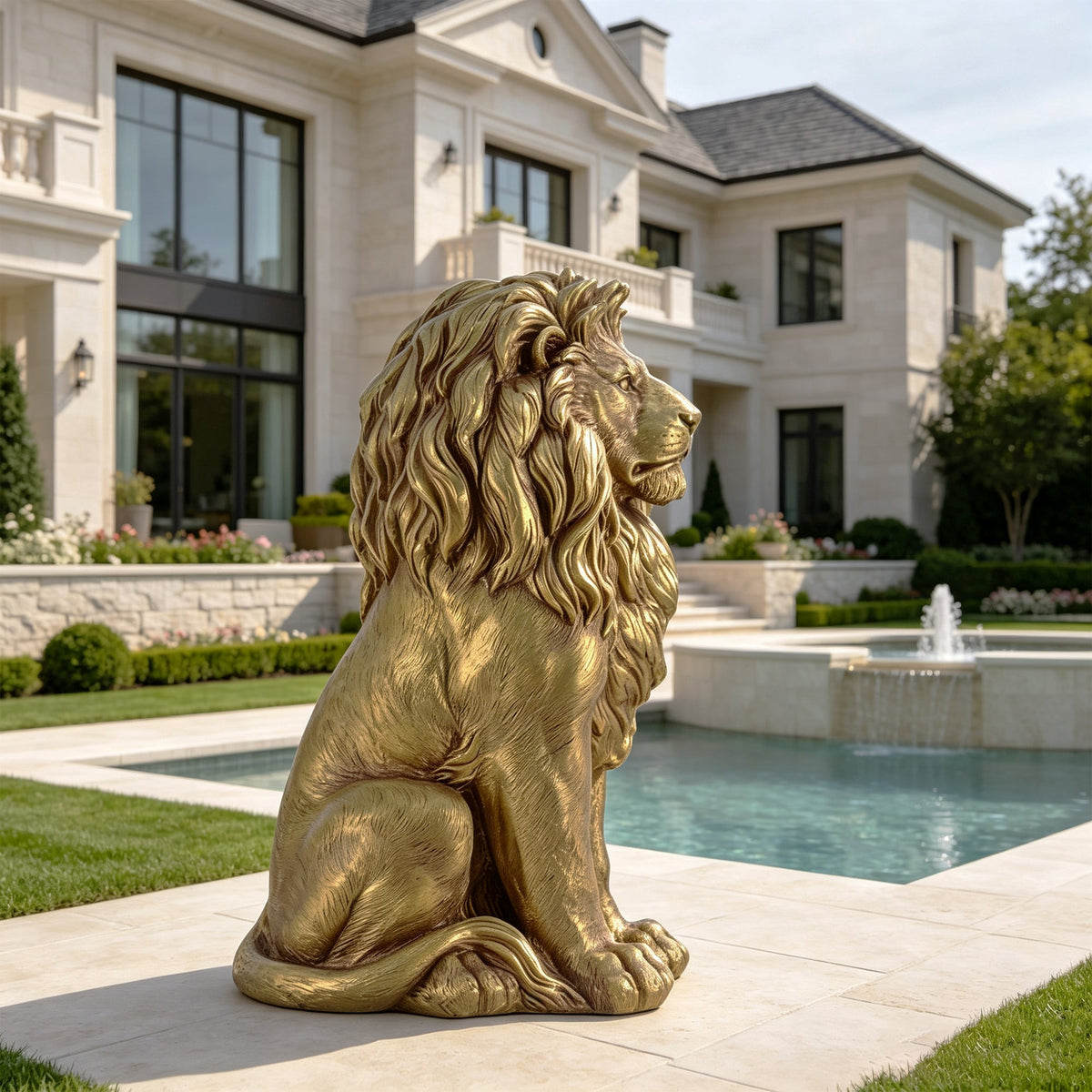 24" Outdoor Lion Statue with Magnesium Oxide Construction - Gold