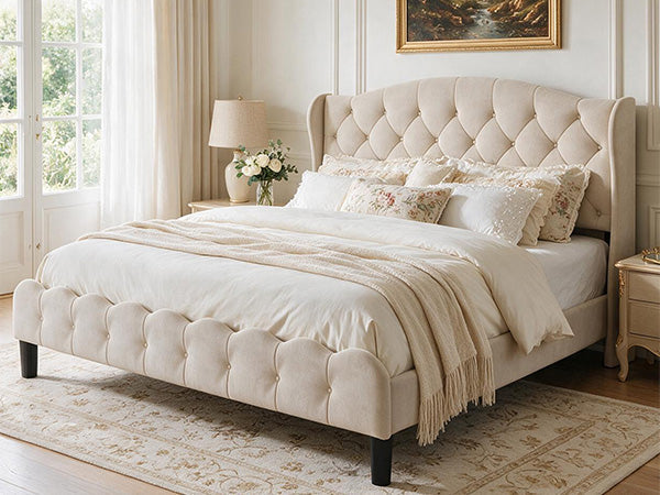 King Size Upholstered Platform Bed Frame with Velvet Tufted Headboard