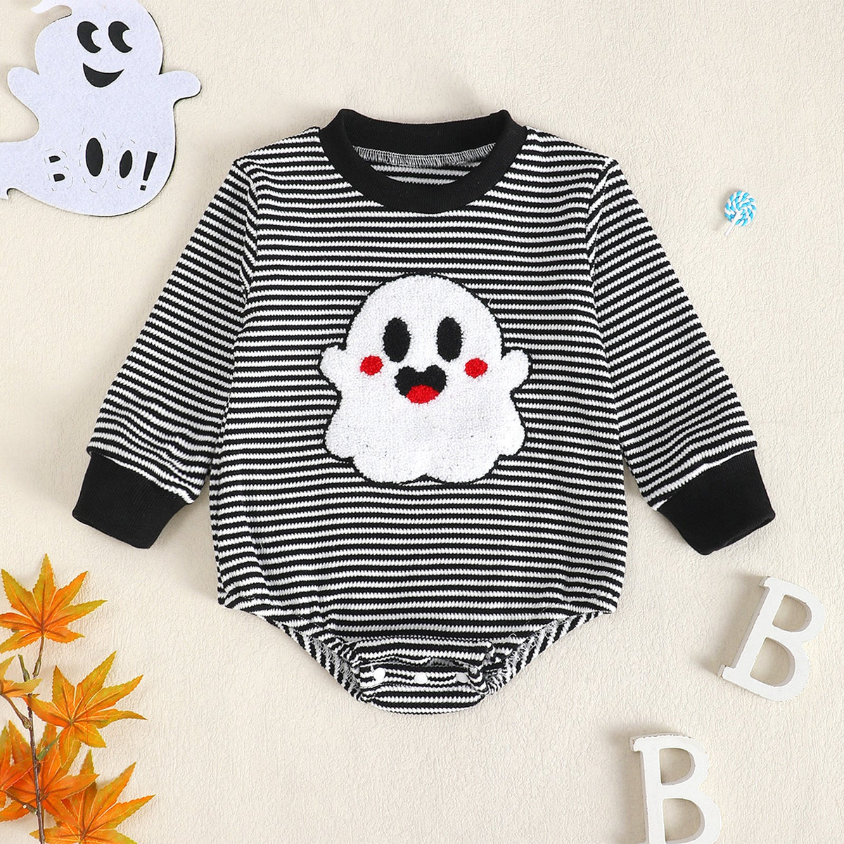 Baby Girl Waffle Knit Striped Long Sleeve Romper with Ghost Embroidery