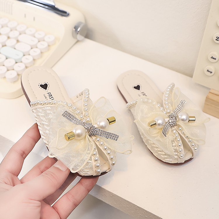 Girls' Children's Slippers Summer Style Fish Mouth Outdoor Half Drag Sandals Fashionable Middle-aged Children's Bow One Line Cool Drag