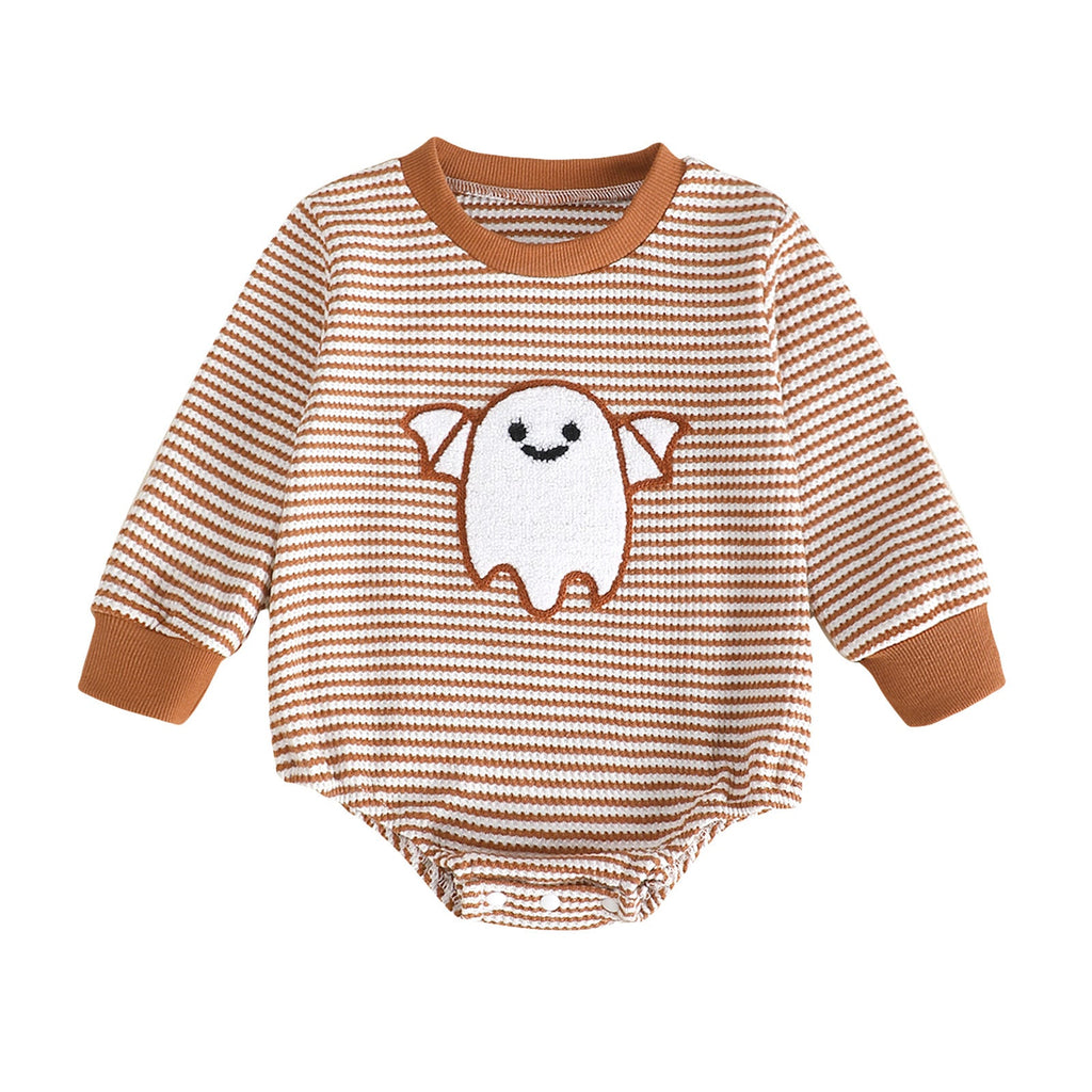 Baby Girl Waffle Knit Striped Long Sleeve Romper with Ghost Embroidery