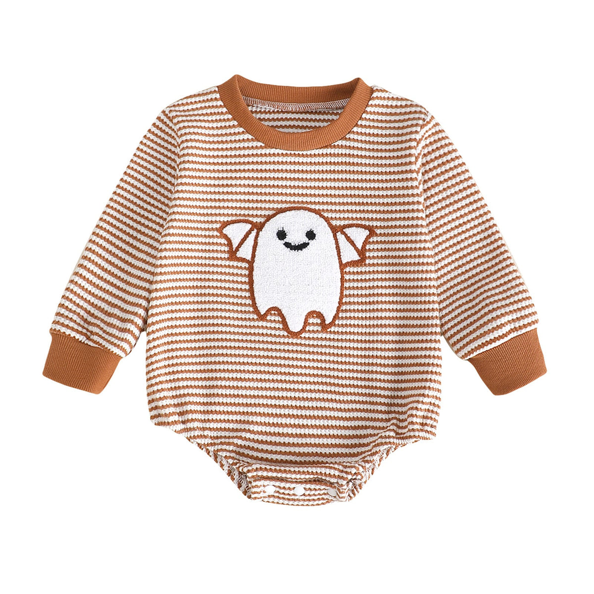 Baby Girl Waffle Knit Striped Long Sleeve Romper with Ghost Embroidery