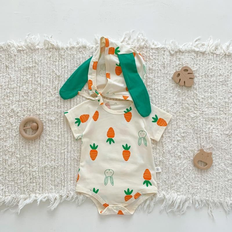 Baby Girl Bunny Short Sleeve Thin Hooded Triangle Romper Onesie Spring Clothes