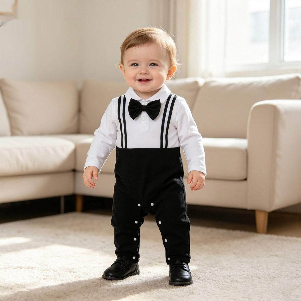 Long-sleeve Overalls With Bow Tie Set