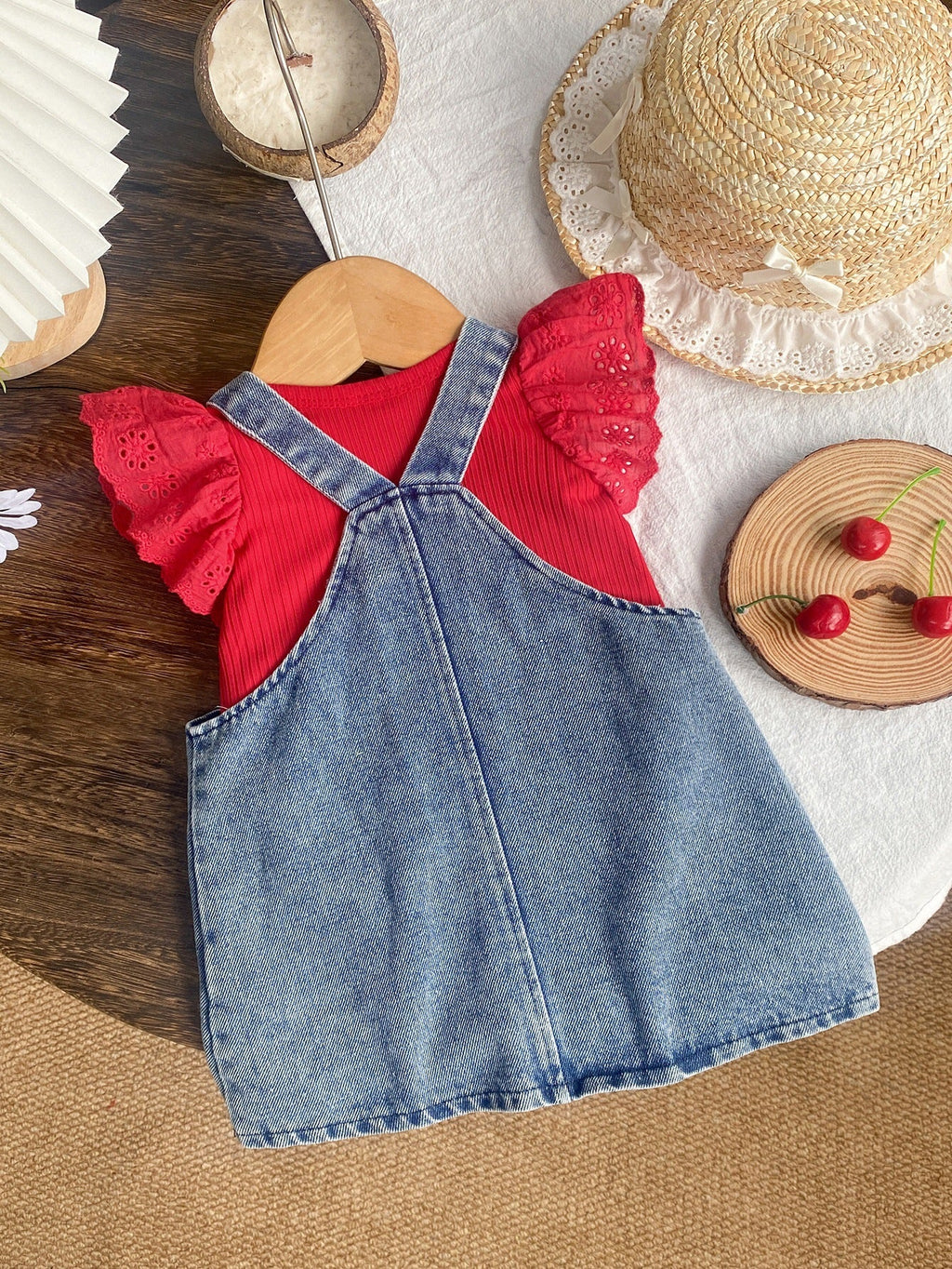 Baby Girl T-Shirt Denim Embroidered Suspender Dress Set