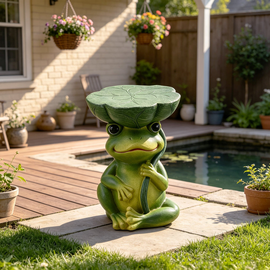 Frog Stool Garden Statue with Lotus Leaf Top - Green