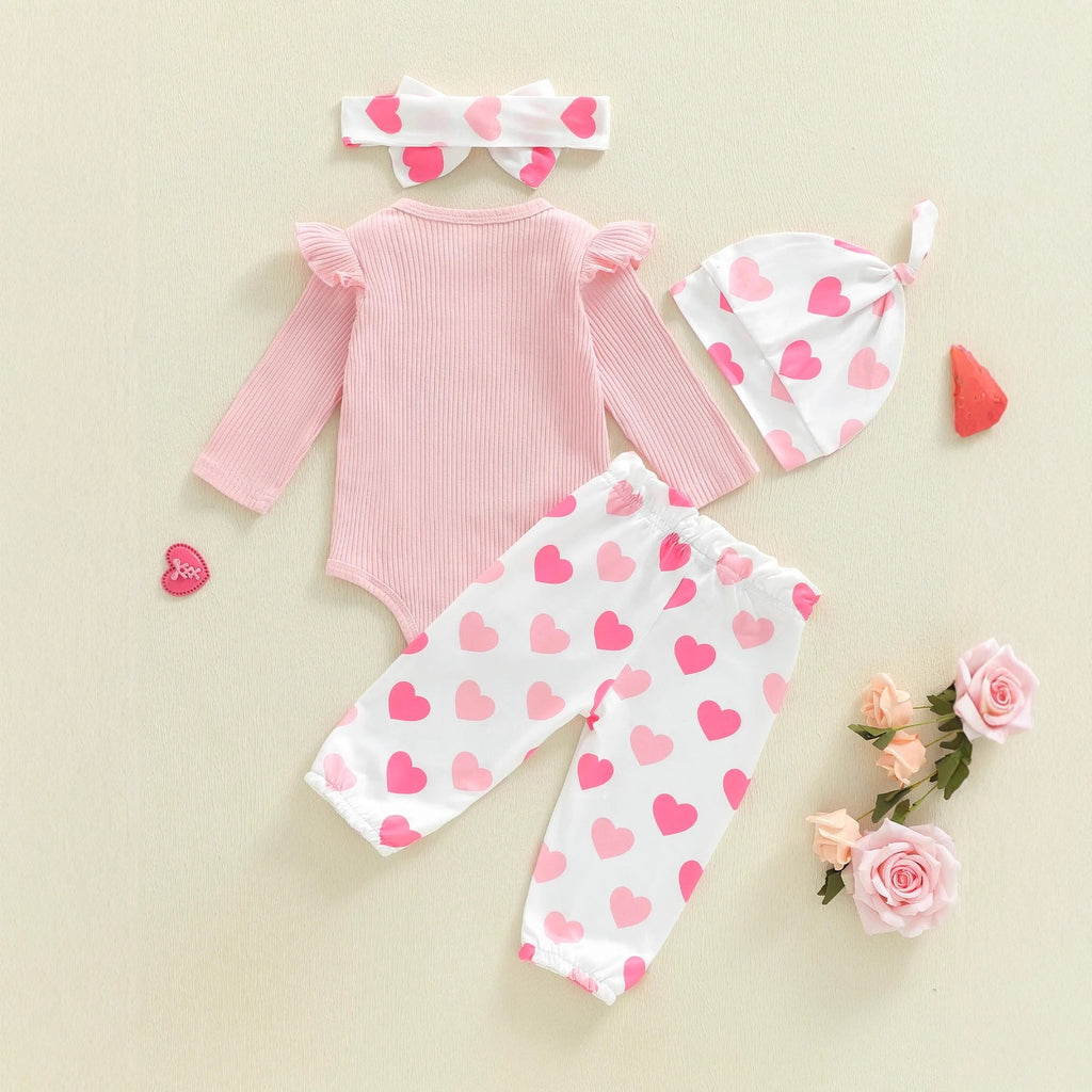 Long-sleeved Onesie With Long Pants Hat Hairband, Four-piece Set