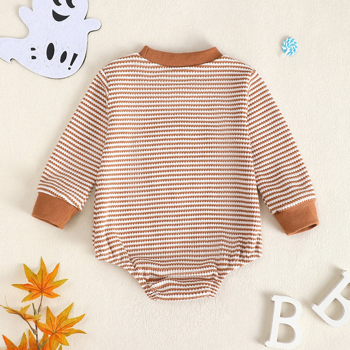 Baby Girl Waffle Knit Striped Long Sleeve Romper with Ghost Embroidery