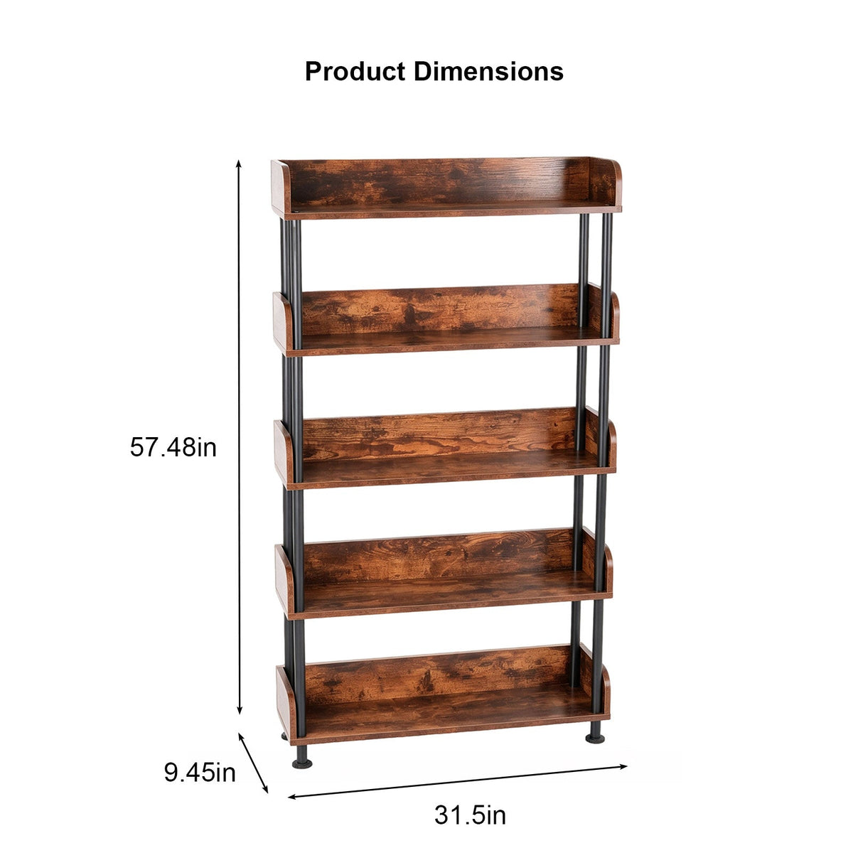 5-Tier Industrial Bookshelf - Open Rustic