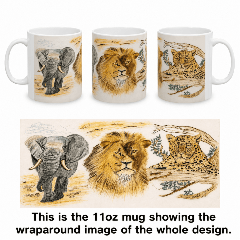 PimsArt African Safari Lion Elephant Leopard Mug From Original Drawing