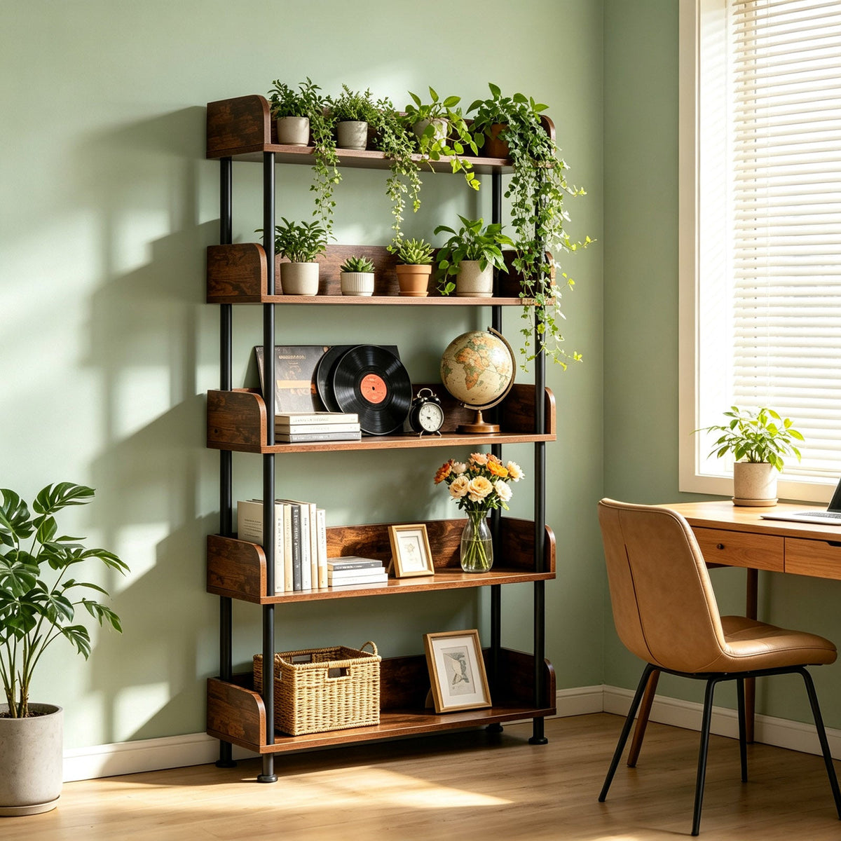 5-Tier Industrial Bookshelf - Open Rustic