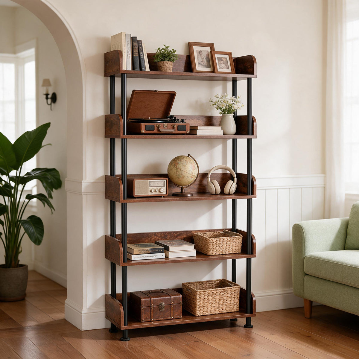 5-Tier Industrial Bookshelf, Open Rustic