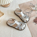 Korean Style Girls Princess Sandals, Closed-Toe Heart Hollow Out Soft Sole Leather Sandals, Fashion Roman Beach Shoes For Little Girls