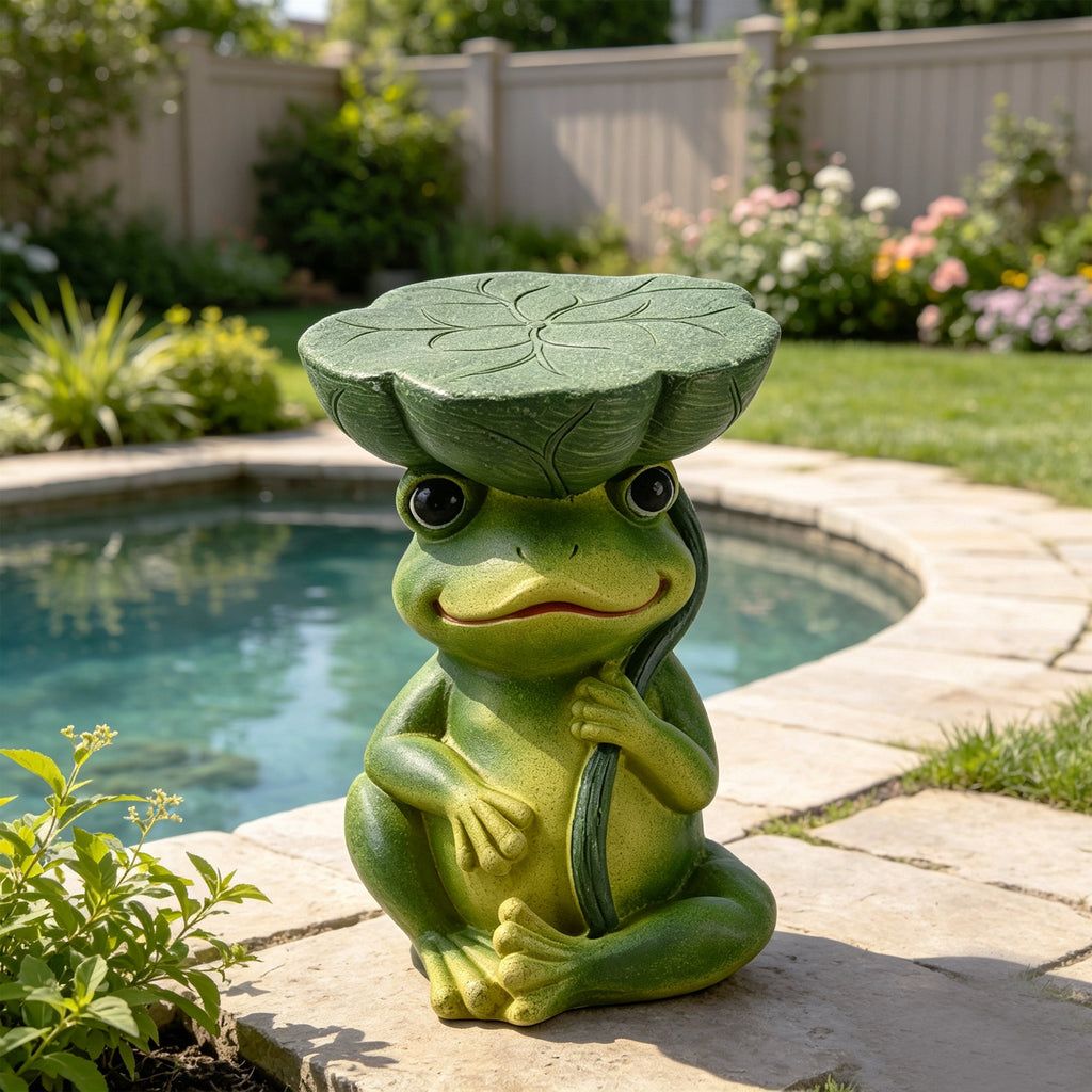 Frog Stool Garden Statue with Lotus Leaf Top - Green